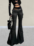 Pbong  Women's Black Low Waist Cargo Jeans Distressed Whiskers Multi-Pocket Bootcut Retro Grunge Streetwear Pants