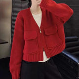 Women's Zip Up Knit Cardigan with Pocket V-neck Zipper Front Crop Sweater Jacket Female Teen-girl Autumn Winter Y2K Outfit