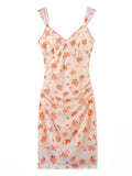 Pbong  Sexy Small Flower Print Deep V neck Mesh Sling Dress Woman Ruched Package Hips Spaghetti Strap Mini Party Dresses Bodycon