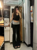 Pbong  Casual Yoga Pants Women ContrAst Wide Waistband Knitted Flare Leg Pants Pink Flared Leggings Sweat Black Pants Colorblock Ribbed