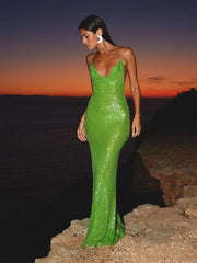 Green Sequin Glitter Backless Maxi Dress For Women Sexy Swing Collar Sleeveless Skinny Long Vestidos Elegant Night Party Robe