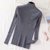 Ribbed Knit Top for Women Pullovers Button Decor Mock Neck Sweater Stretchy Long Sleeve Fitted Jumper Teen-girl Fall Winter