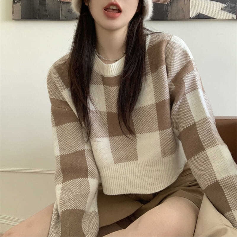 Cropped Sweater Korean O-neck Plaid Printing Preppy Style Pullover Sweater Women Simple Sweet Sweaters For Women Student Sweater