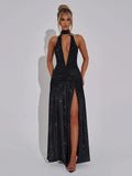 Glitter Deep V Neck Sexy Maxi Dress For Women Gown Fashion Sparkle Halter Sleeveless Backless Split Club Long Dress