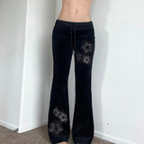 Euramerican Spice Woemn Star Hot Diamond Print Casual Pants Y2k Spliced Low Waist Drawstring Trousers Harajuku Velvet Flare Pant