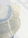 Peter Pan Collar Ruffle Knit Long Dress 2025 Blue Embroidery Patchwork Sweet Chic Tank's Dress Sleeveless Slim Summer Dresses