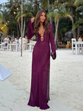 Summer Lady Sexy Deep V-neck Hollow Out Knitted Long Dresses Fashion Loose Full Sleeve Cover-ups Women Beach Party Dresses
