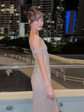 Retro Sequin Single Shoulder Long Dress Women Elegant Glitter Solid Slim Fit Evening Dresses Female Chic Street Party Vestidos