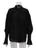 Casual Loose See-Through Shirts Women's Autumn Lapel Long Sleeve Patchwork Blouse Top Streetwear Female Solid Shirts Top
