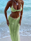 Hollow Knitt 3D Flower Bras + Long Skirts Pink Vacation Beach Women Sets Bikini Swimsuit Sexy Fashion Transparent Cover-ups 2025