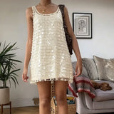 Pbong  Women Sequin Mesh Mini Dress Sleeveless Tie-Back Layered Bodycon Short Dress Coquette Sparkly Party Nightclub Dress