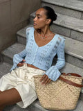 2025 New Knit Flare Sleeve V-neck Hollow Out Short Coat Fashion Casual Button Transparent Summer Cardigan Top Cover-up Jacket