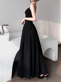 Black Pleated Ruched Long Dress