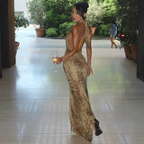 Fashion Halter Leopard Sexy Backless Maxi Dress Women Club Outfits Bandage Embellished Long Dresses Robe Clothes