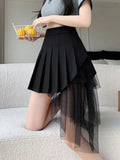 Pbong  Mesh Patchwork Pleated Skirts Women High Waist Fashion Slim Sexy Mini Skirt Korean Sweet Preppy Style Spring Summer A Line Skirt