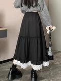 Pbong  Japan Y2K Black Long Skirts Women Vintage Lace Patchwork Loose Skirt Harajuku Casual Streetwear Female Retro A Line Skirt