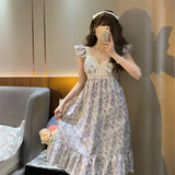 Floral Print Sleepwear Womens with Pad Nightgown Korean Vintage Ruffles Night Dress One Piece Pajama Summer V-neck Home Wear New