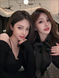 Pbong  Blackbow Sexyknit Long Sleeve T-Shirt Autumn Elegant Slimming Inner Base Top Bow Decoration Crew Neck Full Sleeve Chinese Made