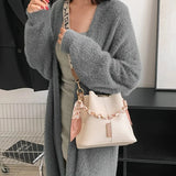 Pbong  Elegant Large Capacity Leather Bucket Bag with Chain Handle Scarf Detachable Wide Crossbody Bag Strap Fashion Shoulder Purse