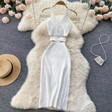 Pbong  Sexy Waistless Knitted SLing Dresses for Summer Women's Dress New Korean V-neck sleeveless Midi wrap buttocks split dress