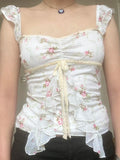 Floral Print Ruffles Prairie Chic Halter Tops Women Cute Sweet Bow Lace Up Causal Gentle Women Camisole Shirts
