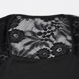 Pbong  Sexy Patchwork Lace T Shirt Slim Hollow Out Square Collar Long Sleeve Tees Women Autumn Spring Fashion Streetwear Ladies