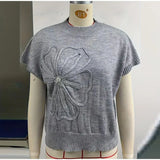 Pbong  Beaded Round Neck Knit Sweater Short Sleeve Cropped Loose Spring Women Elegant Casual Knit Top Fashion Trendy Ladies Jumper