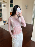 Designer Pink Long Sleeve T Shirt For Woman Fall 2025 Lace Print Funny Tees Cute Mesh Top Kawaii Clothes