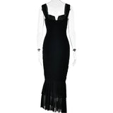 Pbong  Strap Fishtail Hem Long Dresses Sexy Bag Hip Backless Hottie Dress Summer Pleated V-Neck Chic Design Stretch Bodycon Dress Women