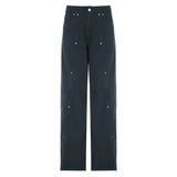 Pbong  Women's Casual Loose Rivet Wide Leg Jeans Basic Low-Waisted Straight Pants Streetwear Ladies Trousers