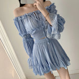 Flare Sleeve Slack Neck Shirts+Ruffle Short Skirt Sets Summer Slim Embroidery Lace Crop Top Sweet Pleat A-line Skirt 2 Piece Set