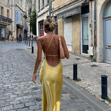 New Summer Fashion Backless Vacation Party Vestidos Satin Sexy Slim Slant Shoulder Solid Color Slit Casual Long Dress Vestidos
