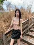 Vintage Tie Dye T Shirt Women Flare Sleeve Mesh Tops Irregual Y2k Retro Crop Tops Streetwear Japanese 2000s Tshirts