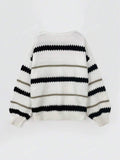 Casual contrasting striped round neck long sleeved women's knitted sweater