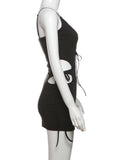 Sexy Metal Rings Dress Women Lace-Up Hollow Cross Backless Lace Edges Tassel Sleeveless Thin Midnight Club Mini Bodycon
