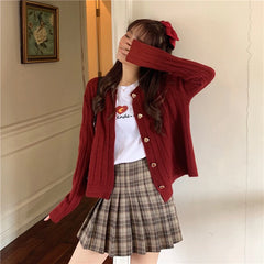 Kawaii Woman Sweaters Knitted Cardigan Winter Korean Fashion Cute Heart Buttons Long Sleeve Burgundy Red White Sweater Tops