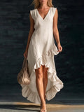 Pbong  Elegant Cotton Sleeveless Long Dresses For Women Summer Solid Color V-neck  Party Maxi Dress Casual