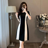French Fashion Simple Temperament Black White Dress Patchwork Casual Short Sleeve Women O-neck Summer New Collection Waist Dress