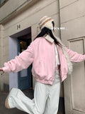Pink Faux Suede Jacket Women Sweet Long Sleeve Vintage Streetwear Baseball Coat Fall Casual Retro American Y2K Lady Outwear