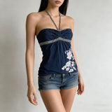 Pbong  summer new sexy floral print hanging neck tie, slim fit strapless style fashionable top