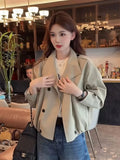England Stand Collar Jacket Women Loose Long Sleeve Vintage Short Coat Fall Causal Double Breasted Lady Elegant Design Tops