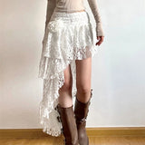 Boho Elegant Lace Skirt Women Tulle Vintage White Skirts Irregular Layered Street Summer Short Mid Skirt Korean Fashion