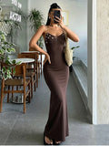 Pbong  Stretchy Ribbed Button-Detail Open-Back Maxi Dress Slim Fit Sleeveless  Summer Chic Women Dress Trendy Elegant Lady Vestido