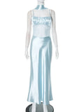 Scarf Collar Backless Sexy Maxi Dress Women Gown Light Blue Patchwork Off-shoulder Sleeveless Elegant Club Long Dress