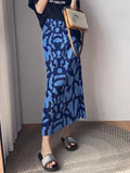 Pbong  30 Colors Summer Floral Print Split Skirts Womens High Waist Pleated Jupe Vintage Saia Tunic Temperament Long Skirt
