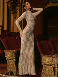 Lace Print Long Sleeve Sexy Maxi Dress For Women White Zipper Half High Collar Bodycon Fashion Elegant Long Dress