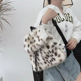 Pbong  Plush Backpack Imitation Rabbit Fur Backpack Student Girl's Large Capacity Drawstring Leopard All-Match