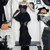 Gothic Dress Autumn New Sexy Long Dress Halloween Dark Style Elegant Mesh Strap Dress for Women
