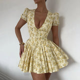 Pbong  French sweet style summer new sexy deep V slim waist short sleeved pleated floral skirt