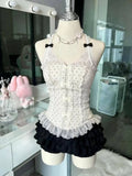 Pbong  French Style Sweet Cute Polka Dot Splicing Dress Lace Bow Korean Fashion Dresses New Design Slim Waist Lady Y2k Mini Dress